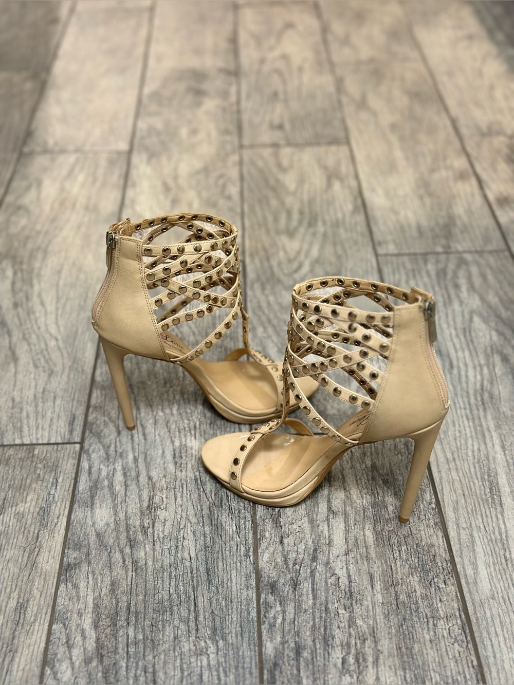 Beige Studded Strappy High Heel Sandals